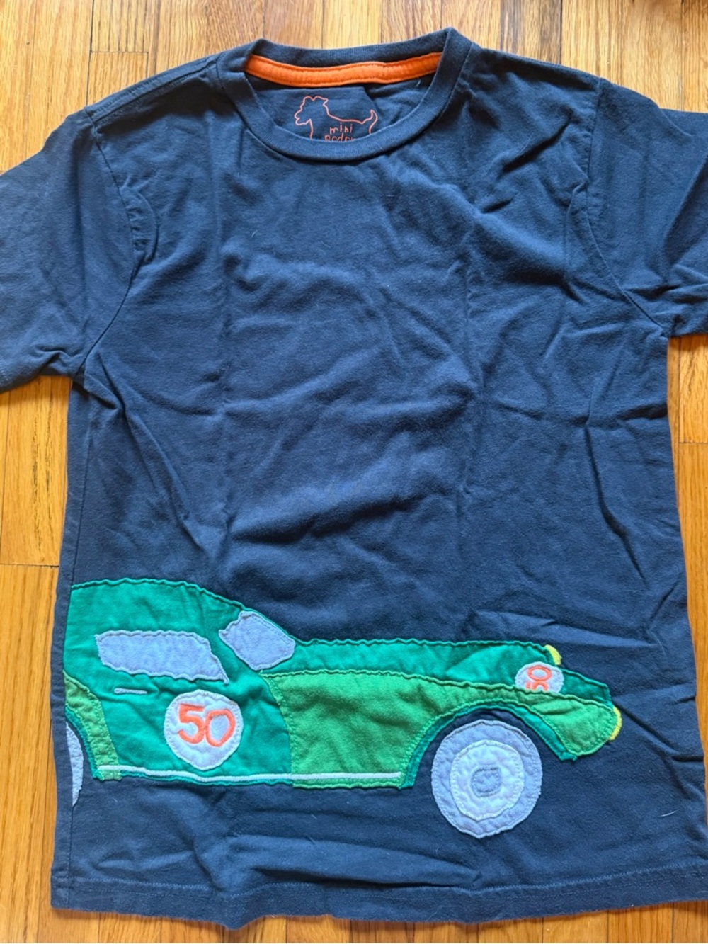 Mini Boden Navy Blue Kids Tee with Green Race Car Applique